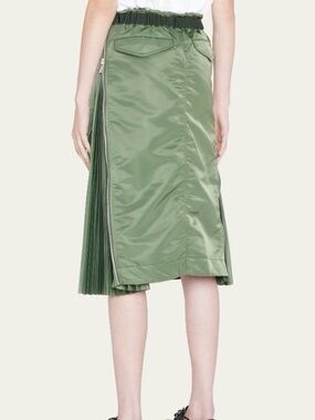 SACAI Taffeta Zip-Pleated Midi Skirt Khaki Olive Army Green Size 1